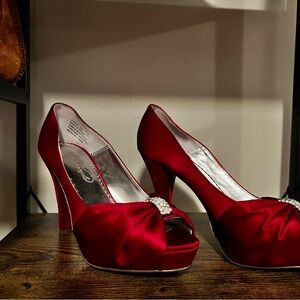 Elegant Red Satin Peep-Toe Heels